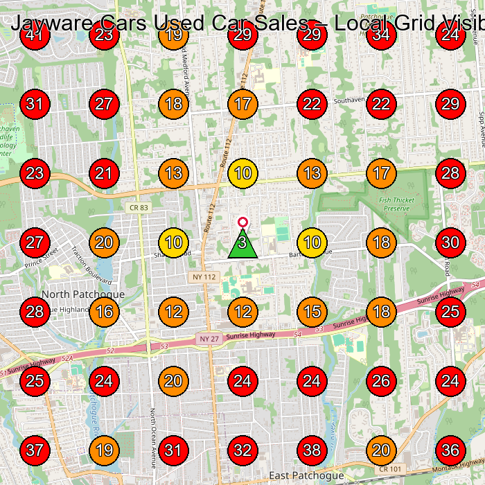 Jayware Cars Used Car Sales GeoGrid visibility map for Used Car Dealer in Patchogue